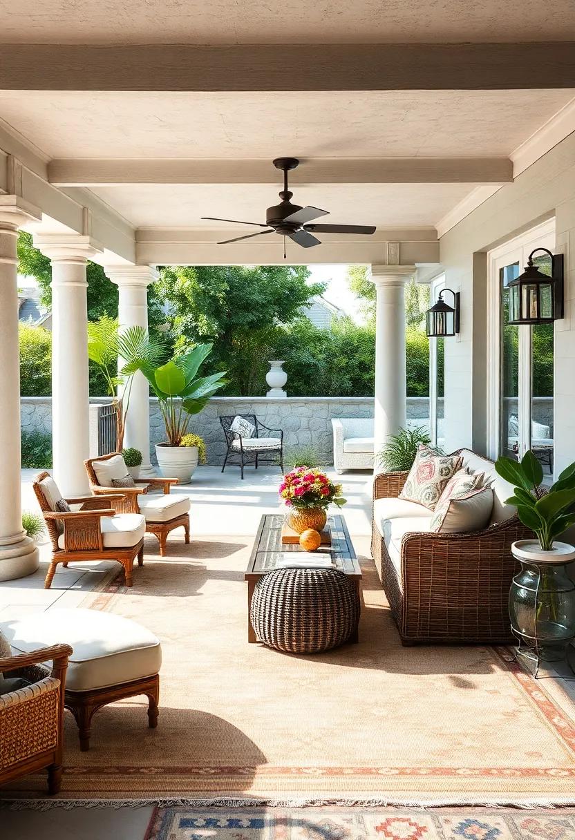 An expansive‌ vineyard patio boasting a collection of layered centuries-old rugs, mixing heritage patterns with contemporary seating