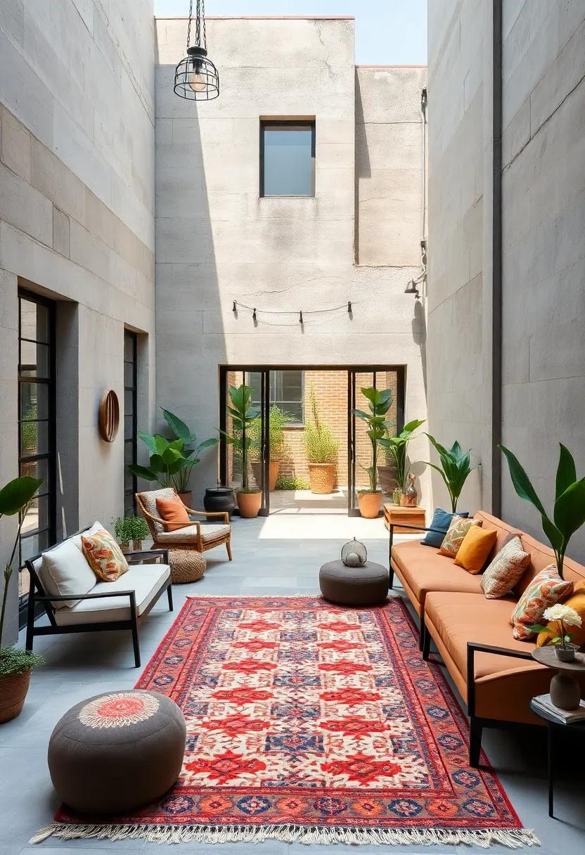 A poolside cabana with a muted-size Bakhtiari rug that creates a cozy nook amidst the sparkling water and⁤ tropical plants