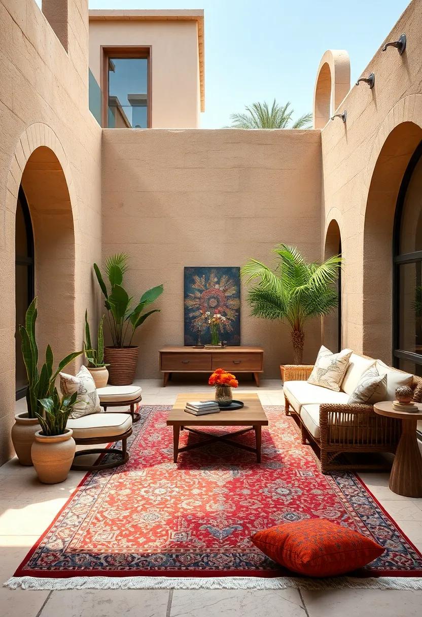 A desert oasis⁤ courtyard⁤ punctuated by a handwoven Persian Shiraz rug, adding depth and history ⁤to the sun-drenched stone setting