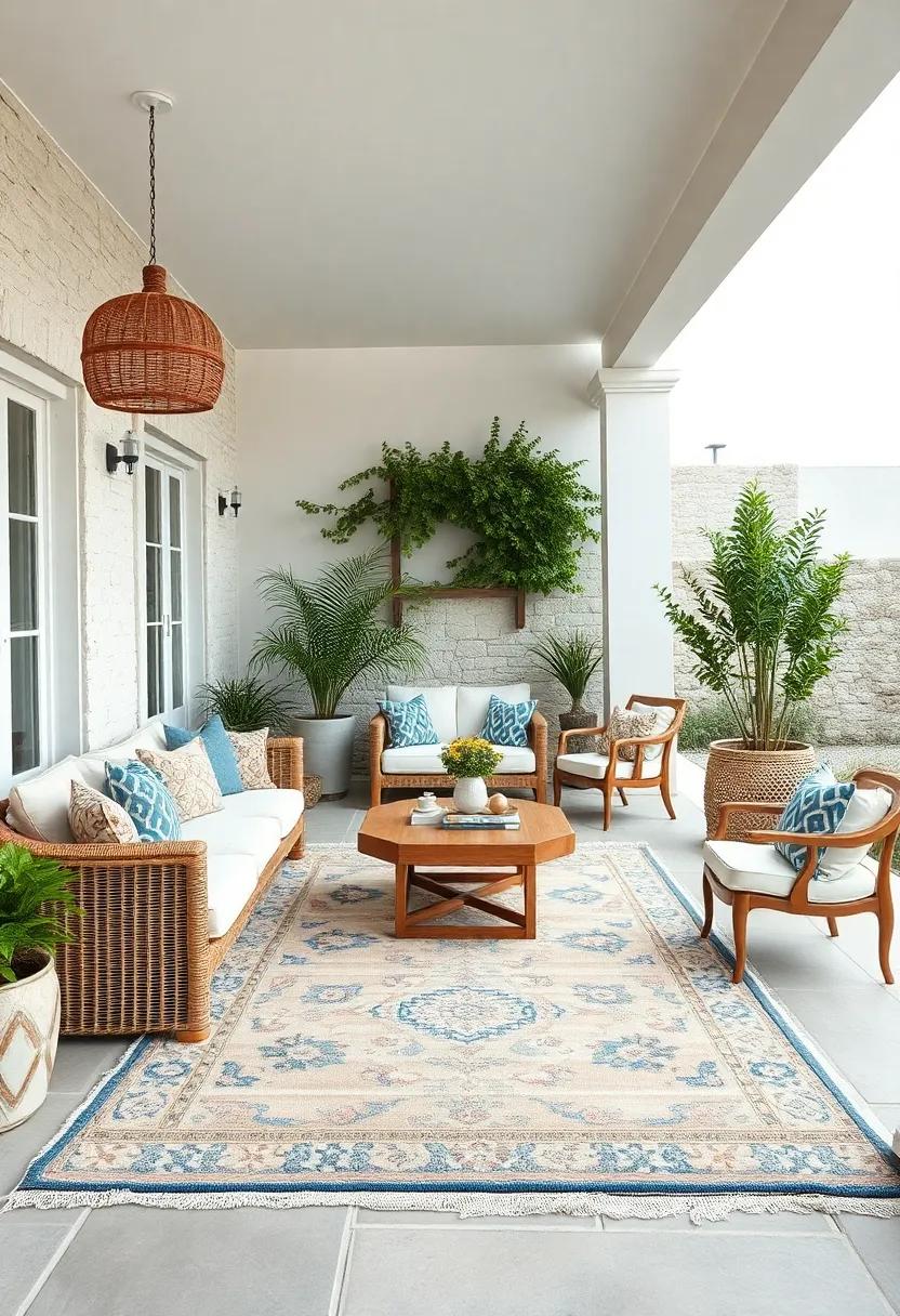 A coastal patio boasting a ⁢sun-faded Turkish Oushak rug that introduces softness to the crisp whites and blues of the seaside décor