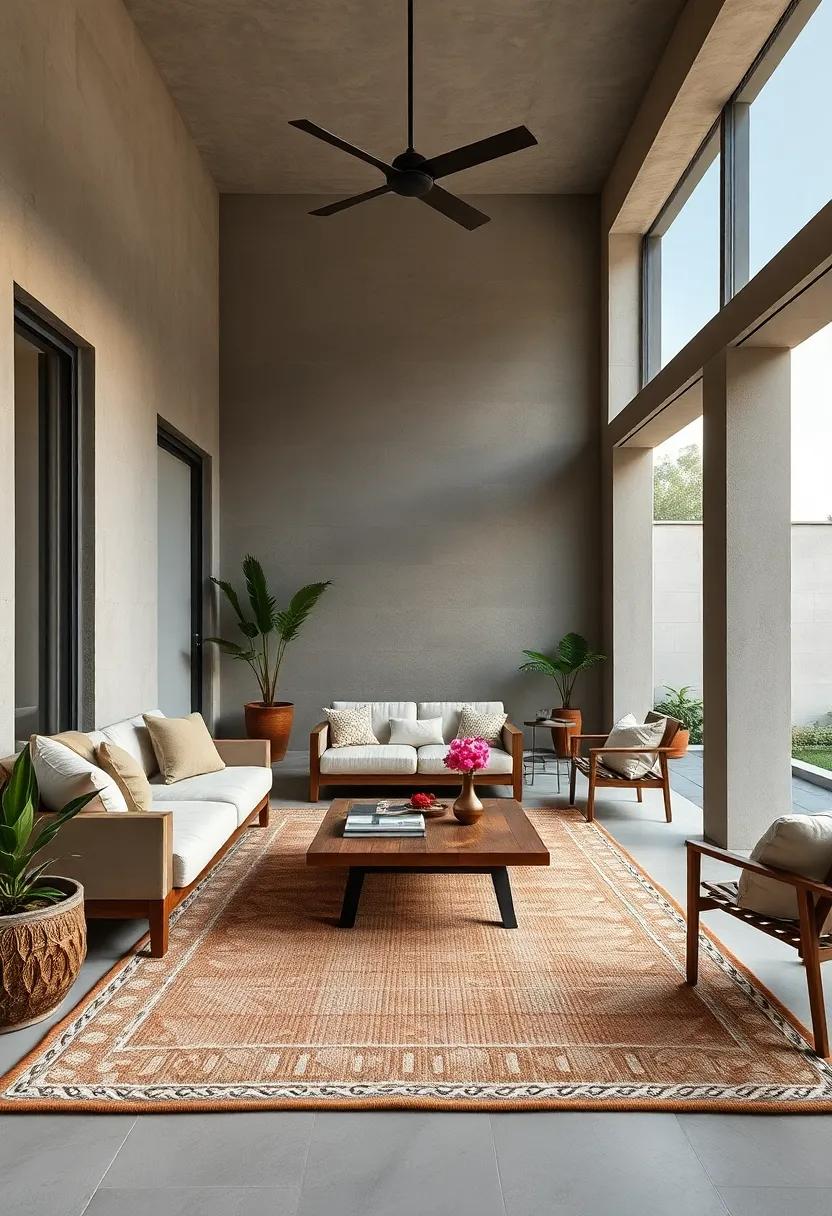 A Zen-inspired veranda featuring a minimalist vintage Japanese rug that grounds the space in serenity and subtle texture