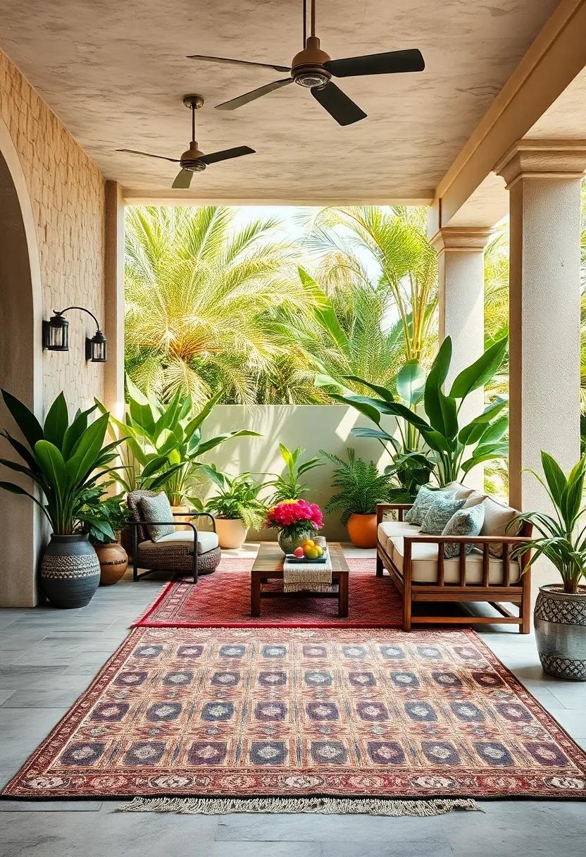 A sun-dappled tropical veranda enriched by faded Indian Dhurrie rugs, blending handcrafted tradition with lush, vibrant flora