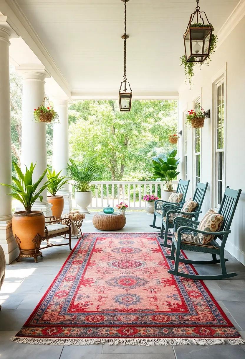 A classic Southern ‍veranda exemplified by an Oriental ​rug in faded reds and blues, complementing rocking chairs and hanging plants