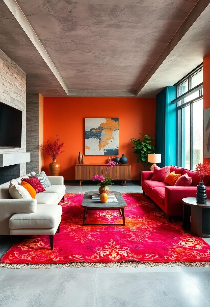 Using Bright, ​Oversized Rugs to Anchor Eclectic Living Spaces