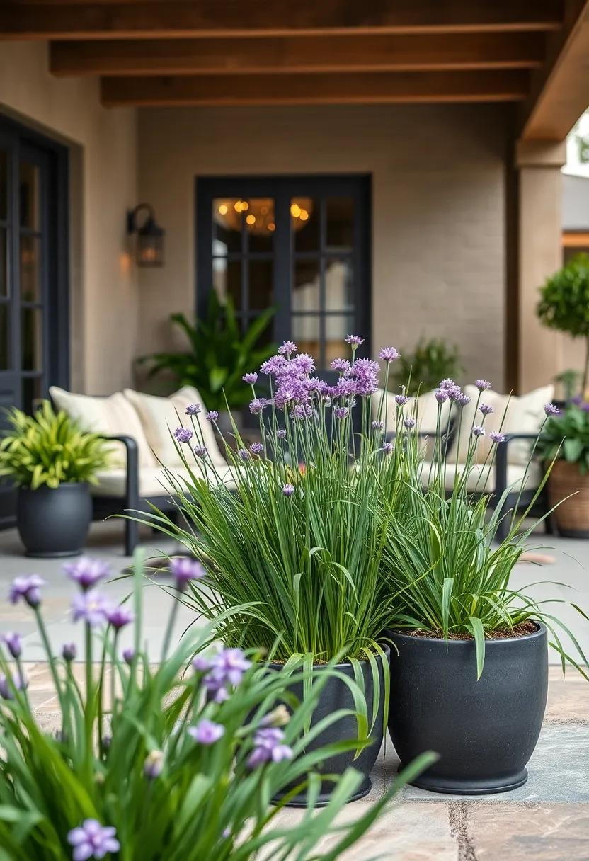 Chives - Their mild onion flavor and delicate purple flowers make chives a beautiful and useful addition to your patio garden