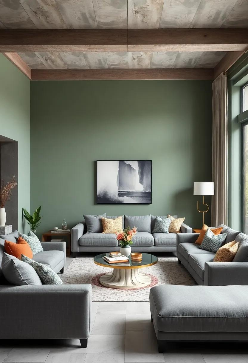 Embrace cozy ‌minimalism⁢ with sage green ​walls paired with deep gray furnishings⁢ to create⁣ a serene and balanced living⁣ room