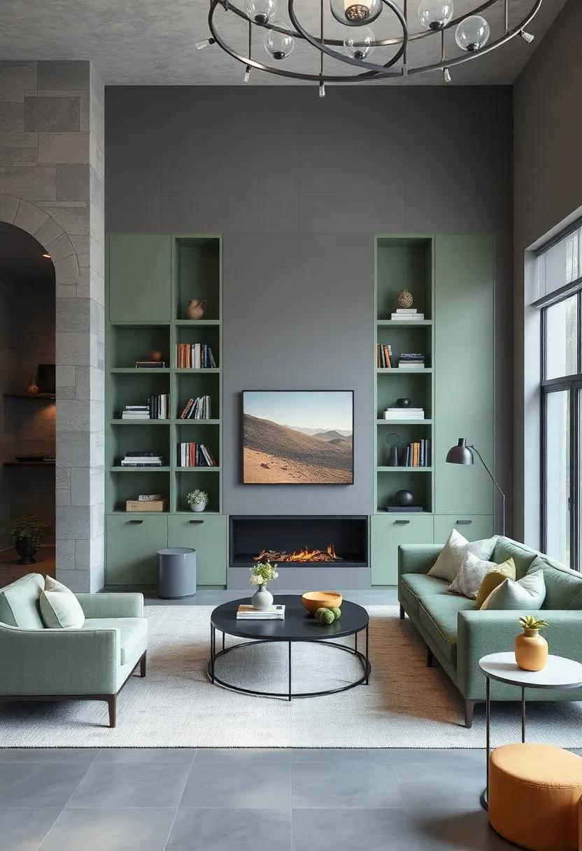 Opt for⁢ sage green built-in⁢ bookshelves⁤ within a deep⁢ gray living room ‌to highlight your collection with flair
