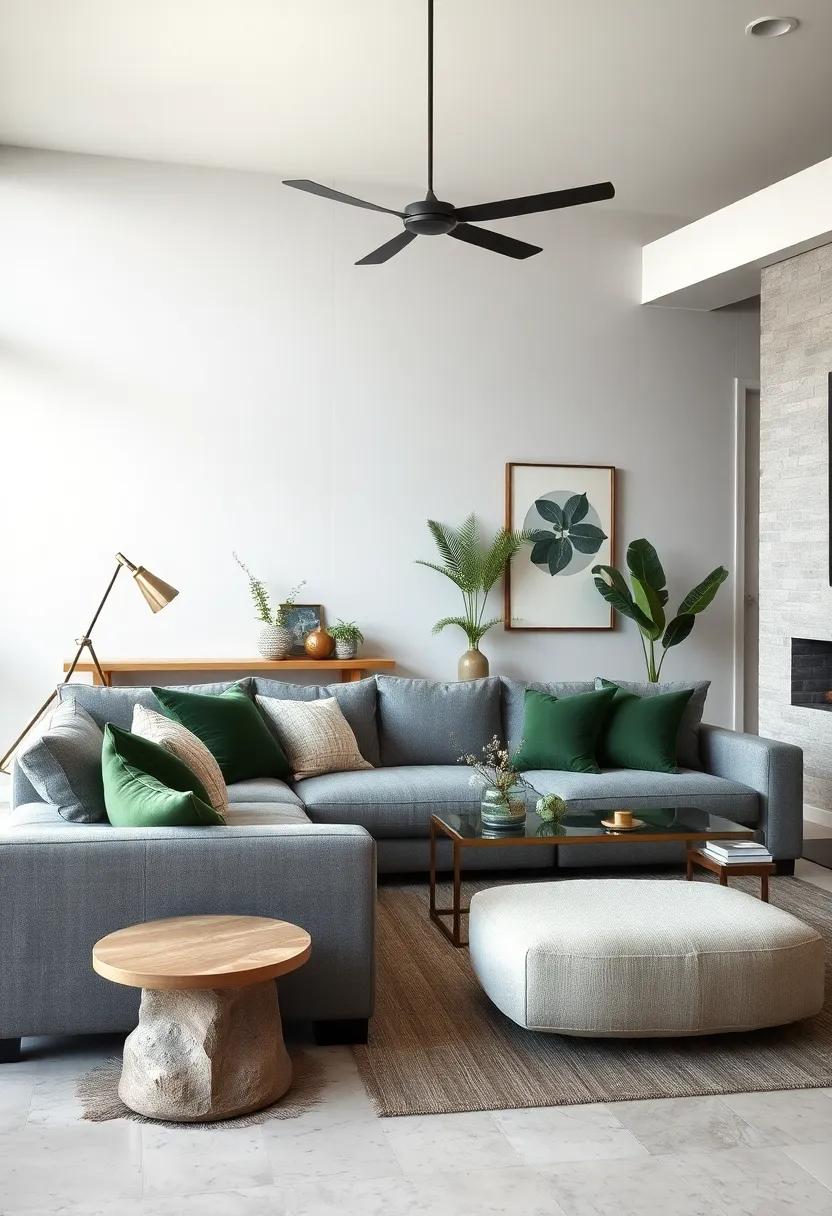 Layer sage green‌ textiles over a muted gray sofa⁢ for ​a soft, ⁢inviting⁣ touch in‌ a modern family room