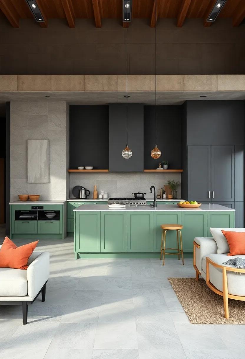 Sage green kitchen island⁣ cabinetry set​ against deep⁣ gray walls creates a bold centerpiece in an open floor plan