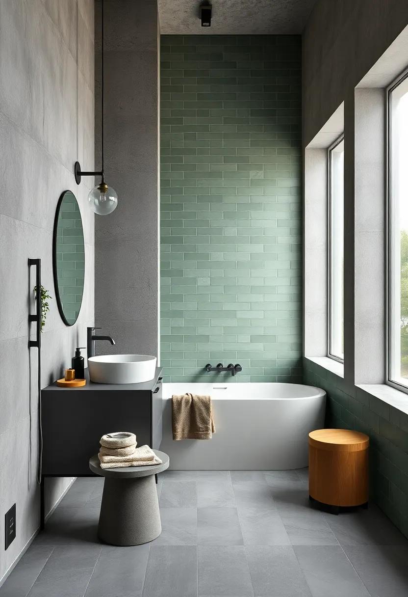 A ⁤modern bathroom​ with sage ‍green tiles⁢ and sleek gray fixtures merges relaxation ⁣with industrial chic