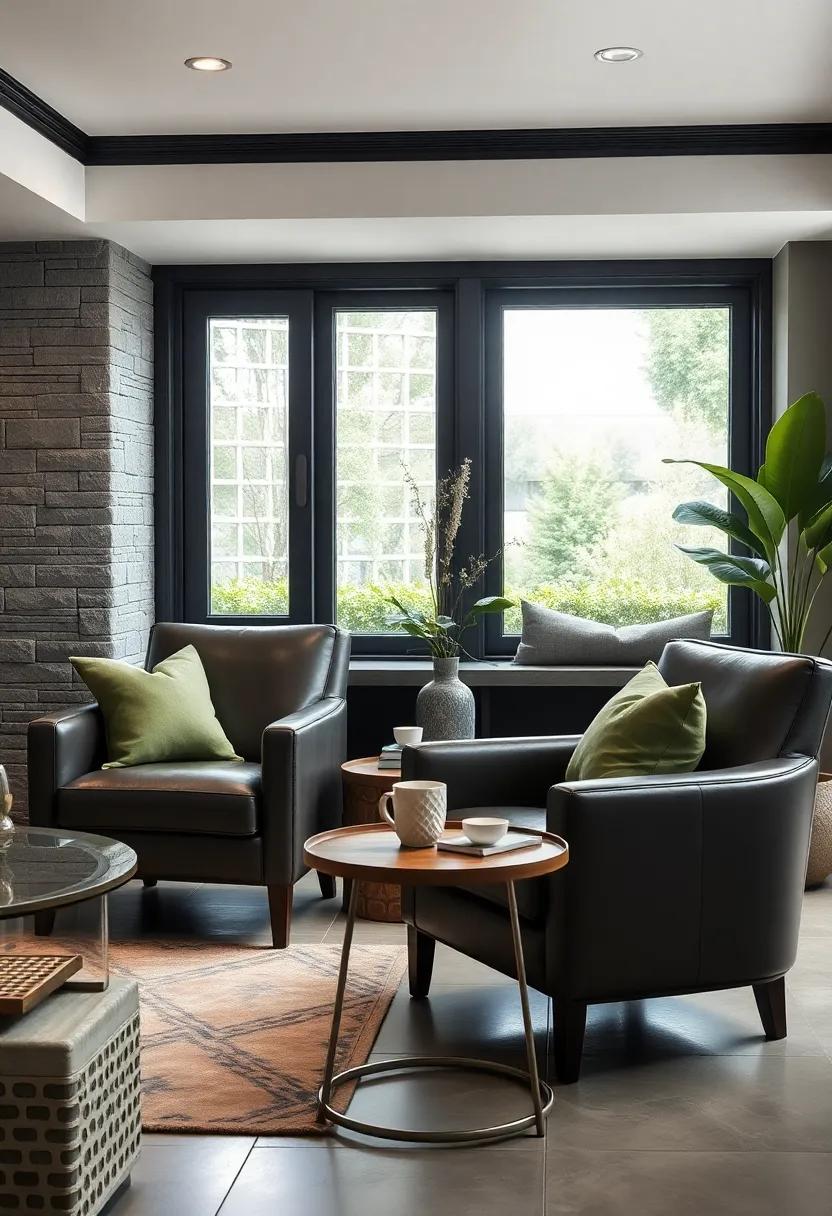 Deep‌ gray leather chairs accented ​by⁤ sage ⁢green throw pillows make for a⁢ stylish and comfortable⁢ reading nook
