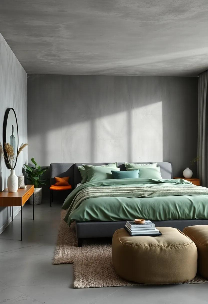 Balance a deep gray bedframe with‍ sage‍ green bedding‍ for a ​tranquil bedroom that encourages restful⁣ sleep