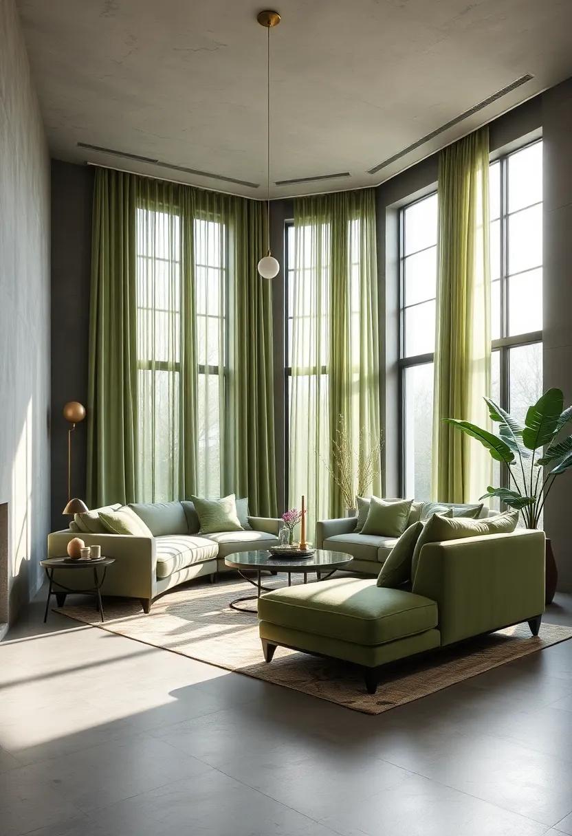Combine sage green​ drapes with smooth gray walls to soften⁤ natural light and frame large windows elegantly