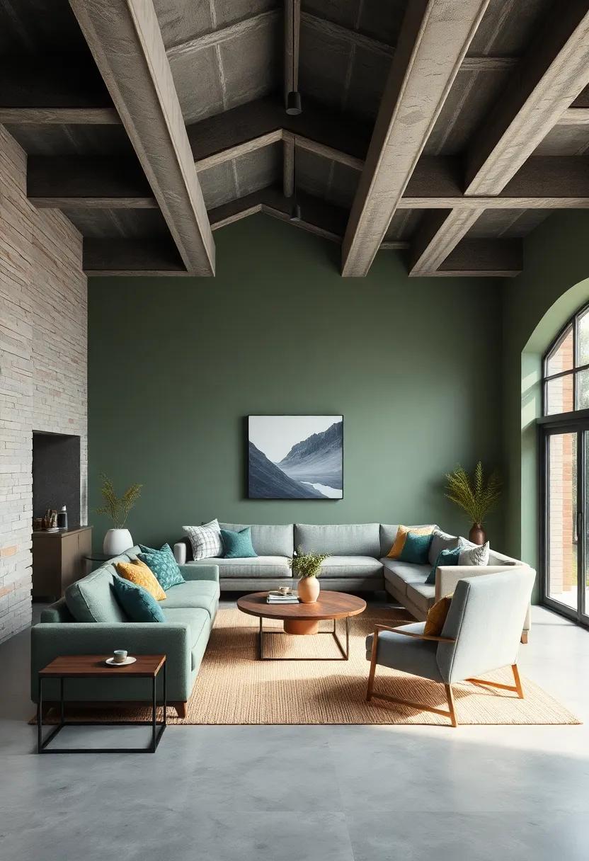 Deep gray beams contrasted with sage ⁣green painted‌ walls ⁣add‍ architectural interest to a modern farmhouse-inspired space