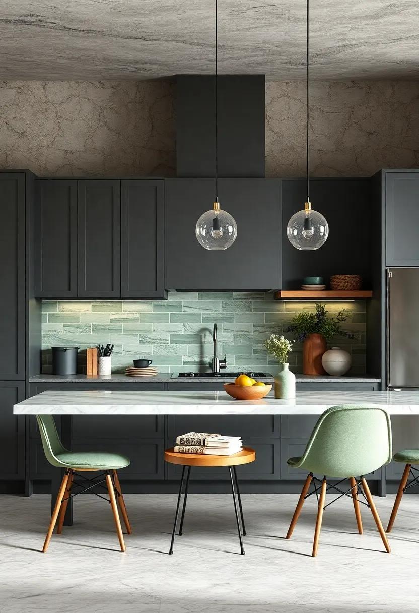 A ‌modern⁣ kitchen featuring deep gray cabinetry ‍and sage ⁣green backsplash tiles offers an unexpected yet sophisticated color combo