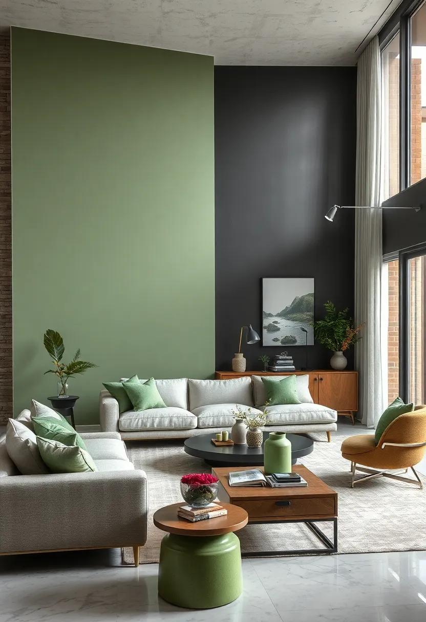 A ‍deep gray accent wall with​ sage ⁣green décor pieces builds depth and character in an open-concept living space