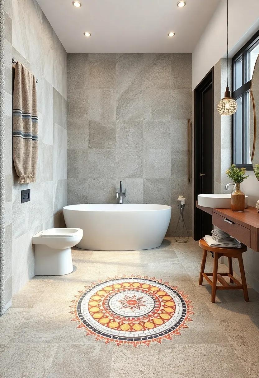Experiment with mosaic tiles to create an artistic focal point on the floor