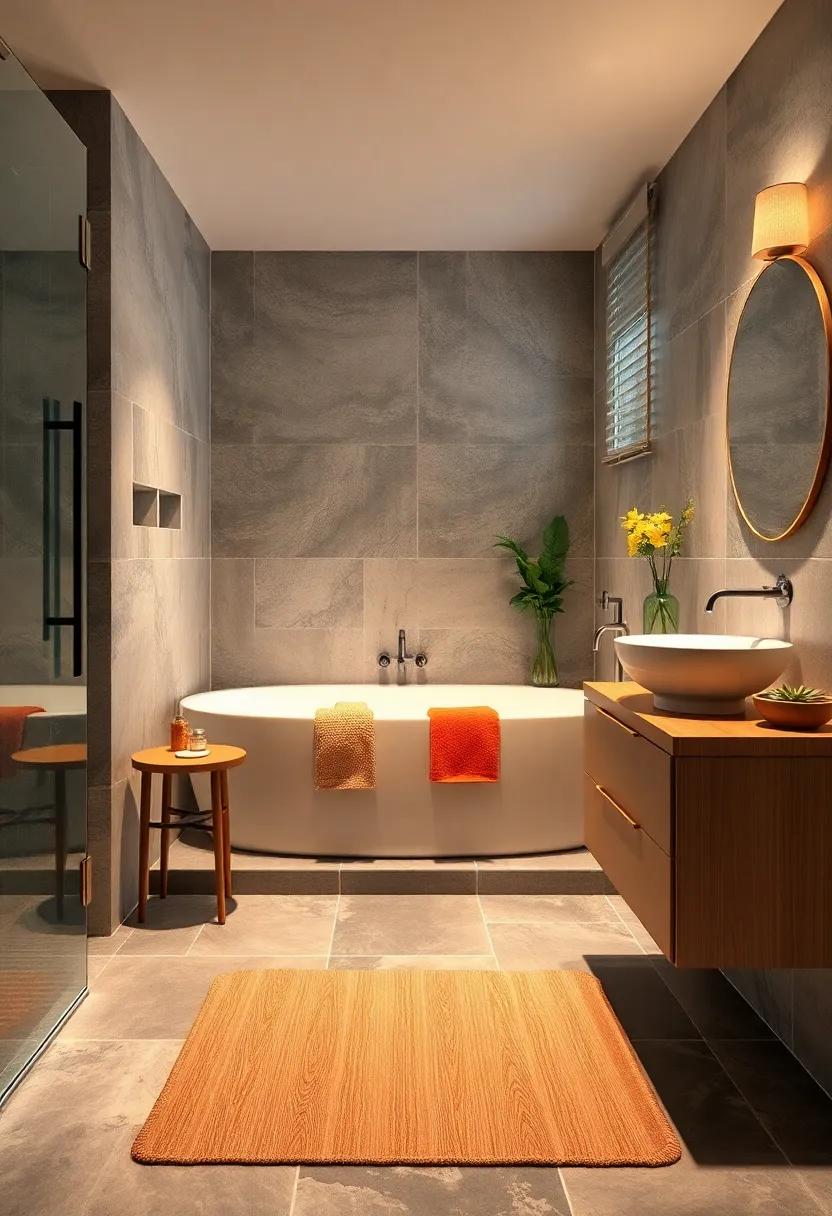 Layer different textures, like combining tiles with a wooden bath mat for comfort