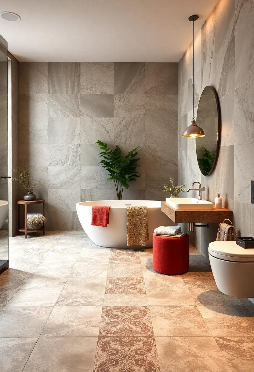 Opt for patterned tiles to create visual interest and disguise dirt in small bathrooms