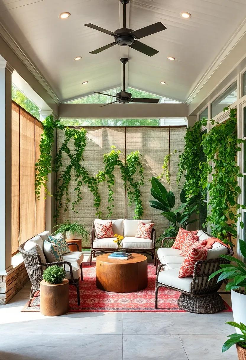 tall privacy screens decorated with climbing vines for an intimate feel