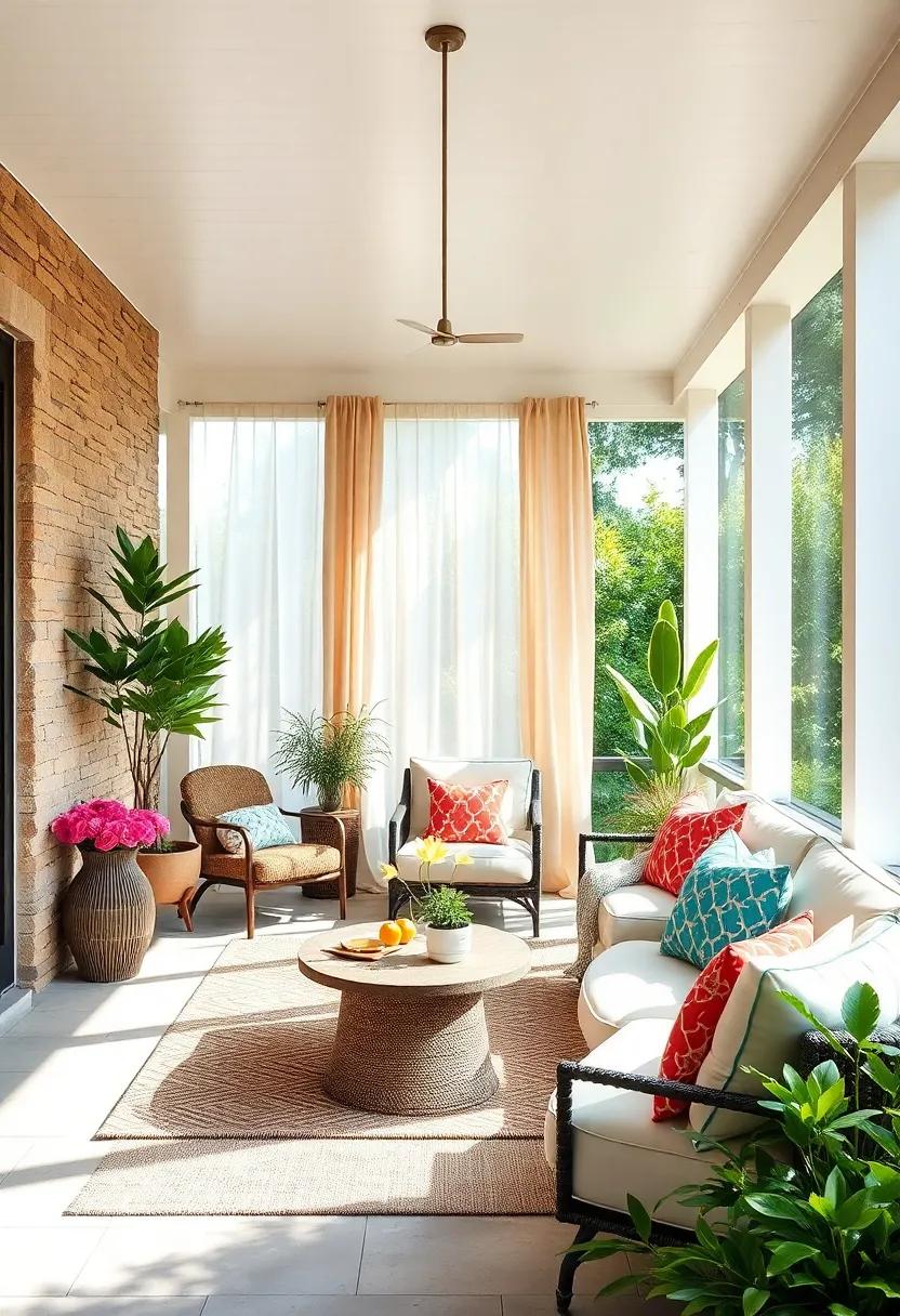 Woven rattan armchairs paired with a soft area rug for casual gatherings