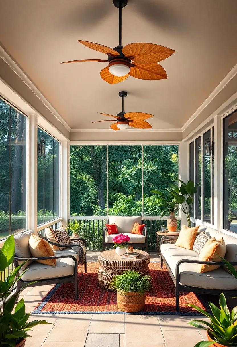 Ceiling fans with leaf-shaped blades providing a gentle breeze while adding style