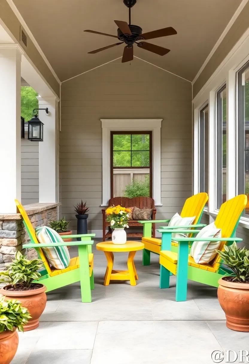 Adirondack chairs painted in bright colors for a cheerful, classic look