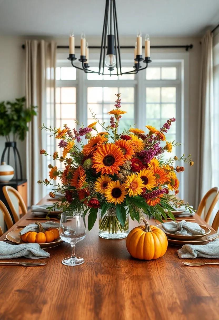 Autumnal Floral Centerpiece: Arrange seasonal flowers like chrysanthemums, sunflowers, and dahlias in a striking centerpiece to brighten your table