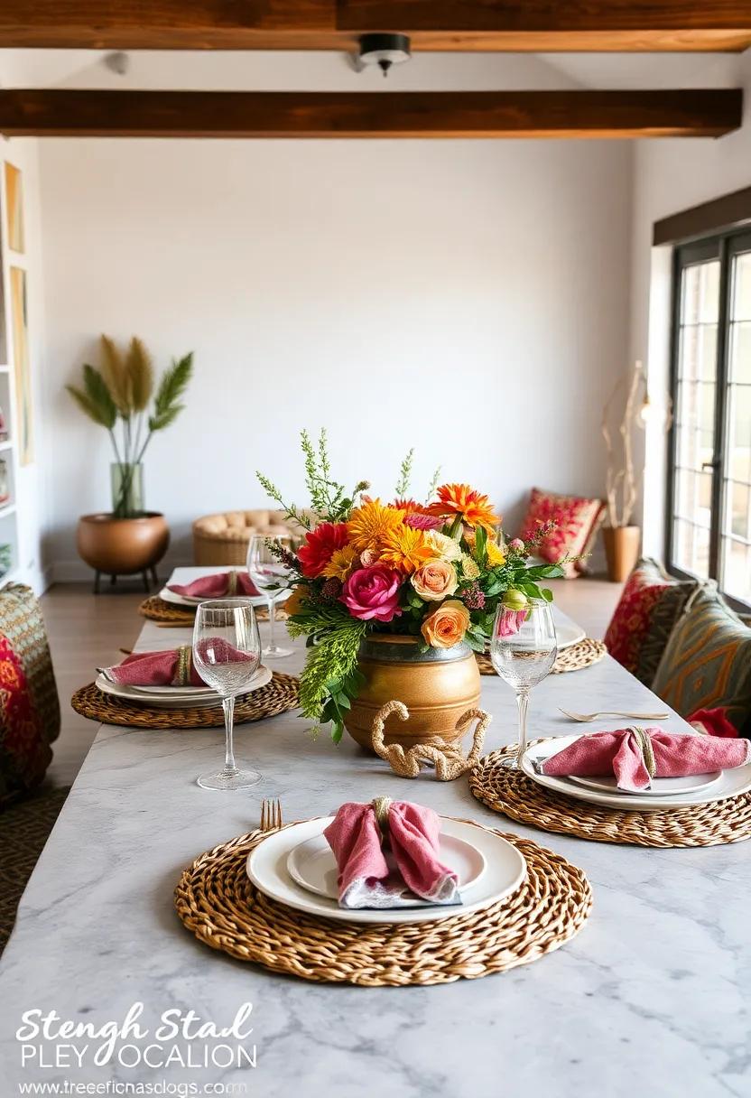 bohemian Vibes with textured Layers: Incorporate woven placemats, tassel napkin rings, and vibrant patterned textiles for a free-spirited feel