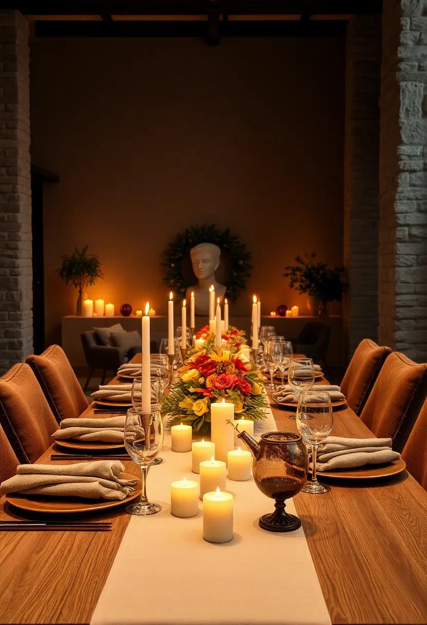 Candlelit Ambiance with Soft Glow: Scatter pillar candles and tealights throughout the table to set a cozy, inviting mood
