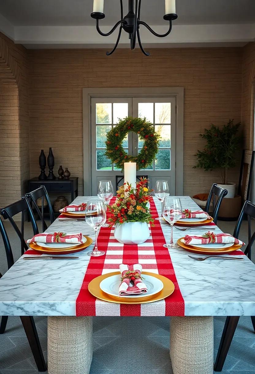Classic Red and White Plaid Setting: Bring a cheerful holiday vibe with red and white plaid table runners, napkins, and seasonal berry accents