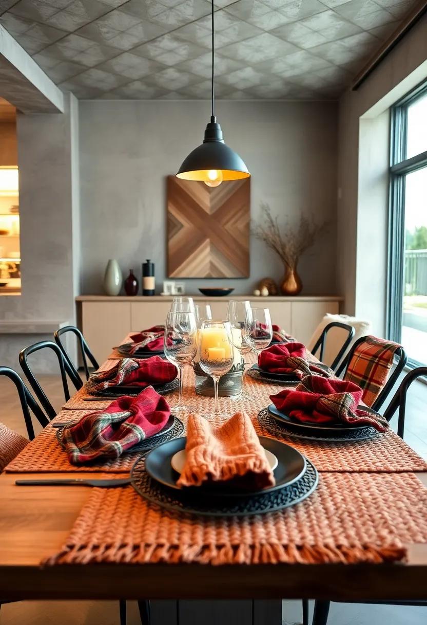 Cozy Knit and Plaid Layers: Layer plaid napkins and chunky knit placemats to evoke warmth and comfort around your feast