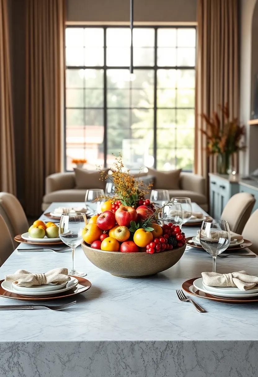 Edible Centerpieces with Fruit and Nuts: Combine bowls of colorful apples, cranberries, and nuts as a centerpiece that doubles as a snack