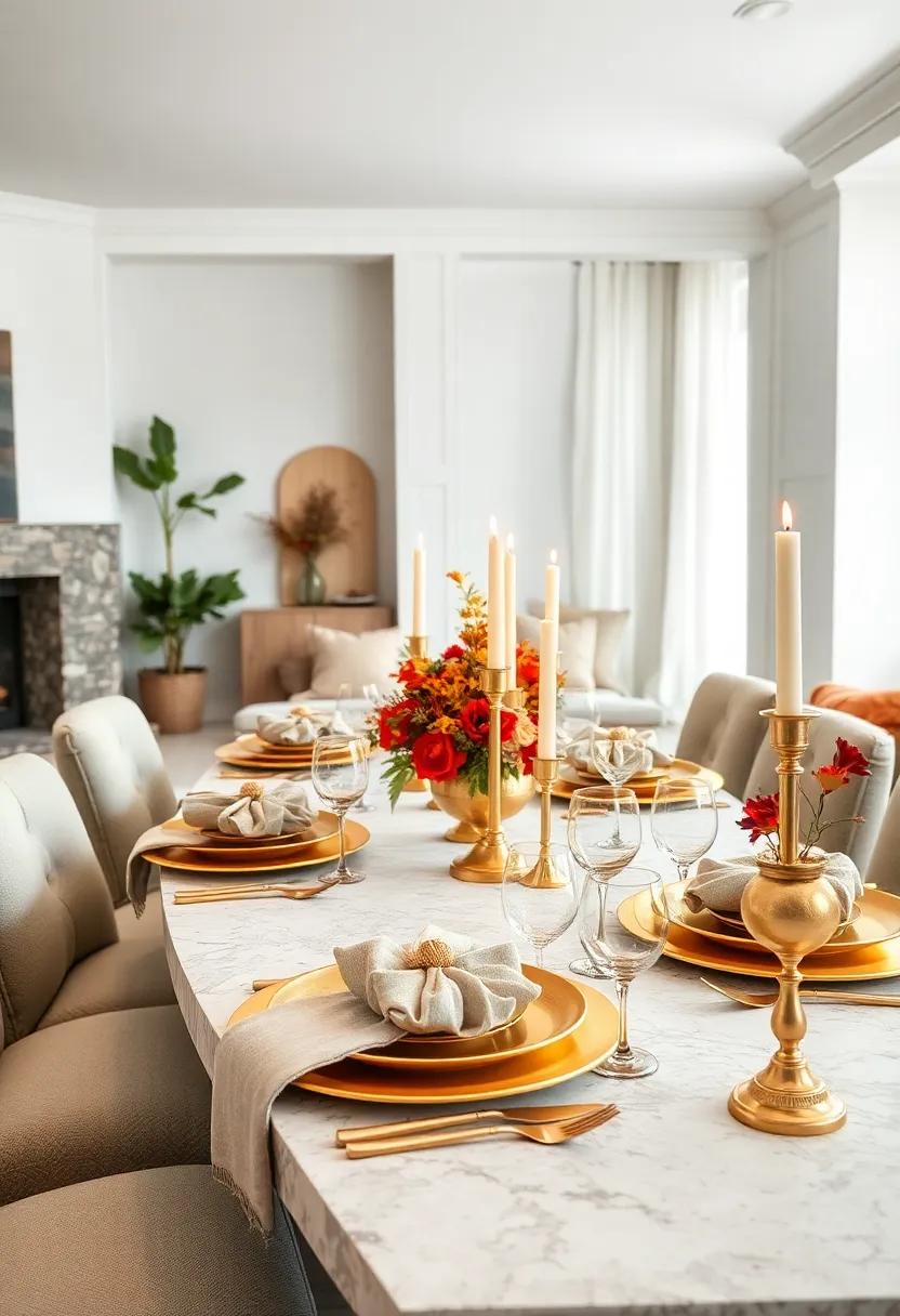 Elegant gold Accents: Use gold chargers, cutlery, and candle holders to add a touch of luxury and sophistication to your Thanksgiving table