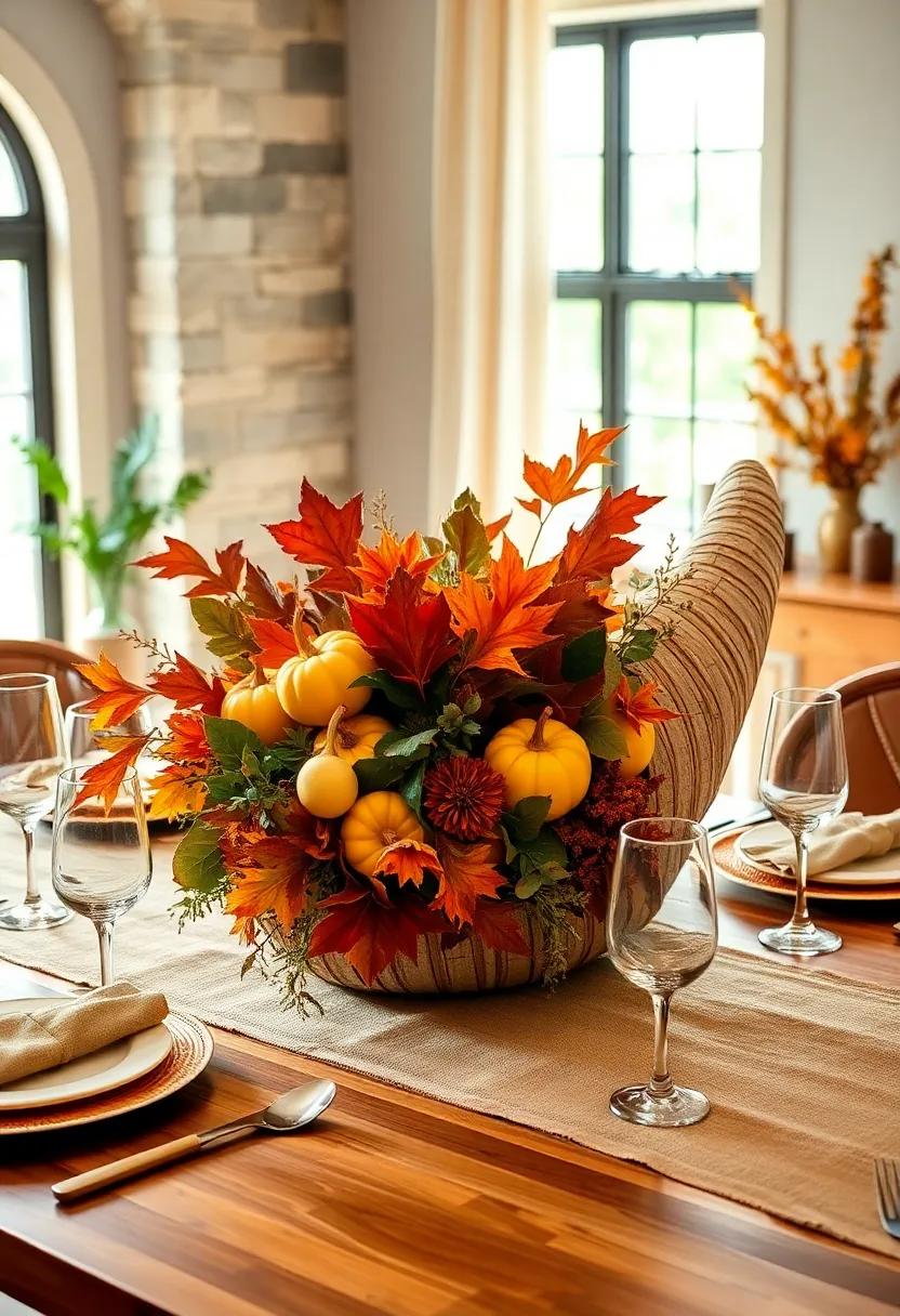 Harvest Cornucopia display: Build a classic horn of plenty centerpiece brimming with gourds, fruits, and autumn leaves