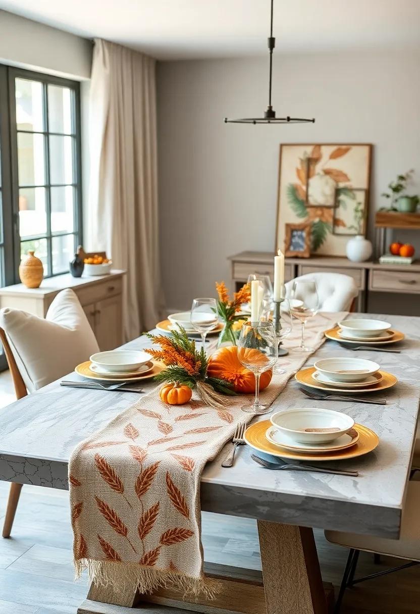 harvest-Inspired Table Runner: Use a runner featuring harvest motifs like wheat, squash, and leaves to tie the table décor together naturally