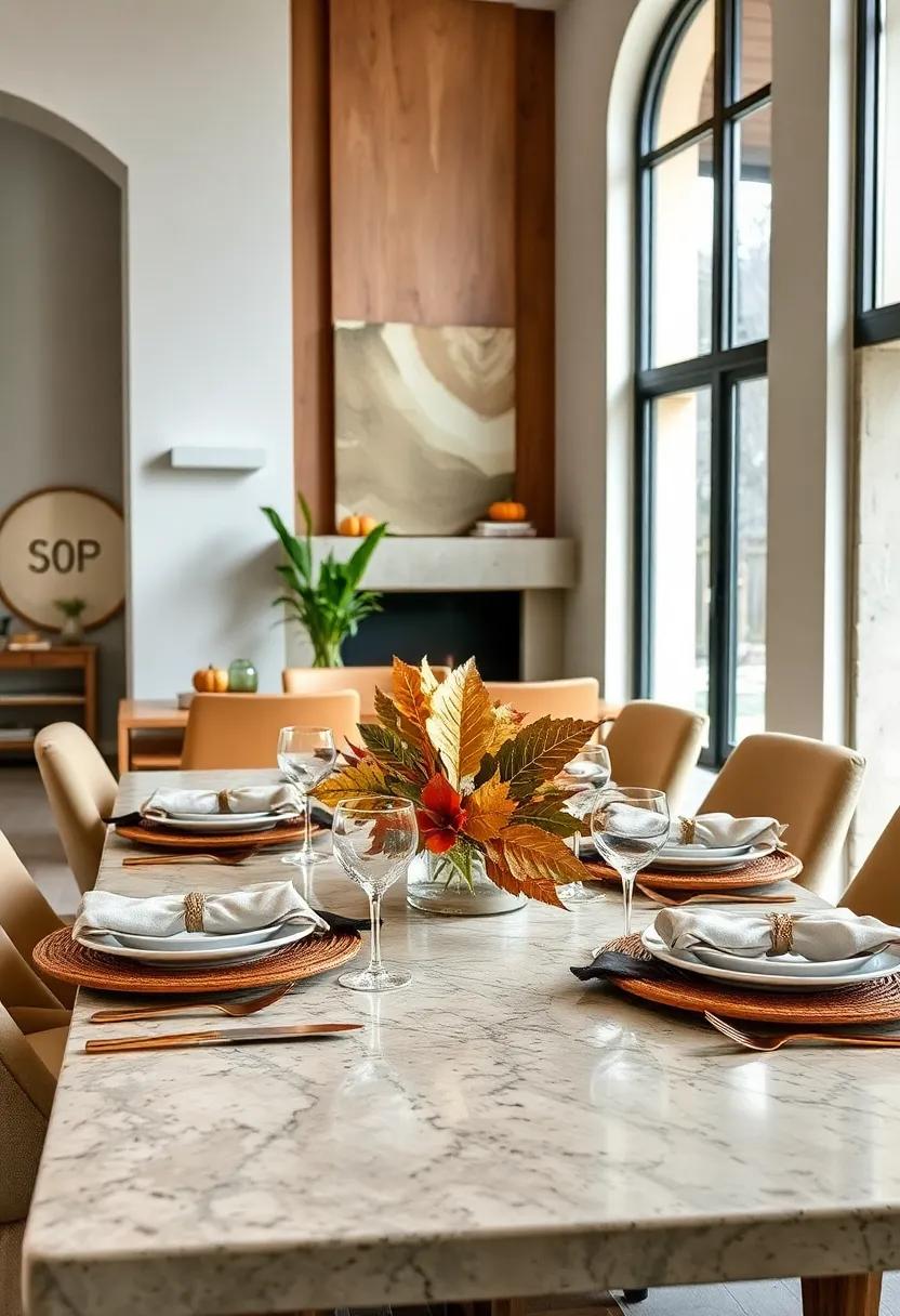 Metallic Leaf Embellishments: Accent your table settings with gold or copper-painted leaves for subtle sparkle and texture