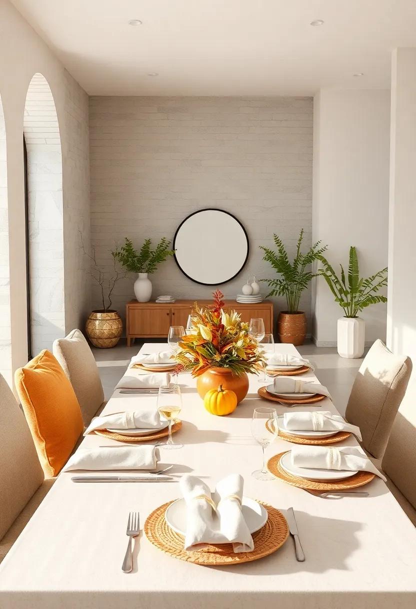 Minimalist Neutral Palette: Opt for soft whites, beiges, and creams with simple linen napkins and ceramic dishes for a serene and modern setting