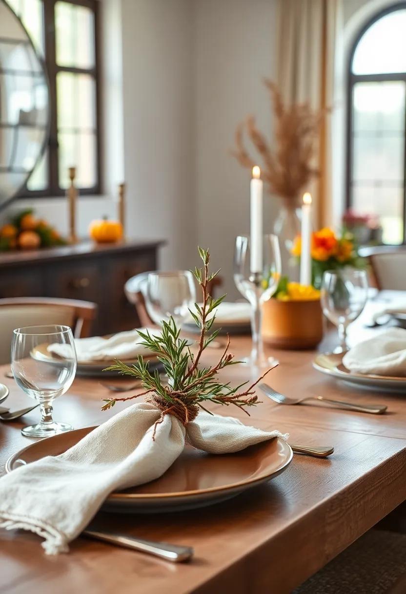 nature-Inspired Twig Napkin Rings: Craft napkin rings from twigs and sprigs of rosemary or eucalyptus for an earthy and fragrant touch