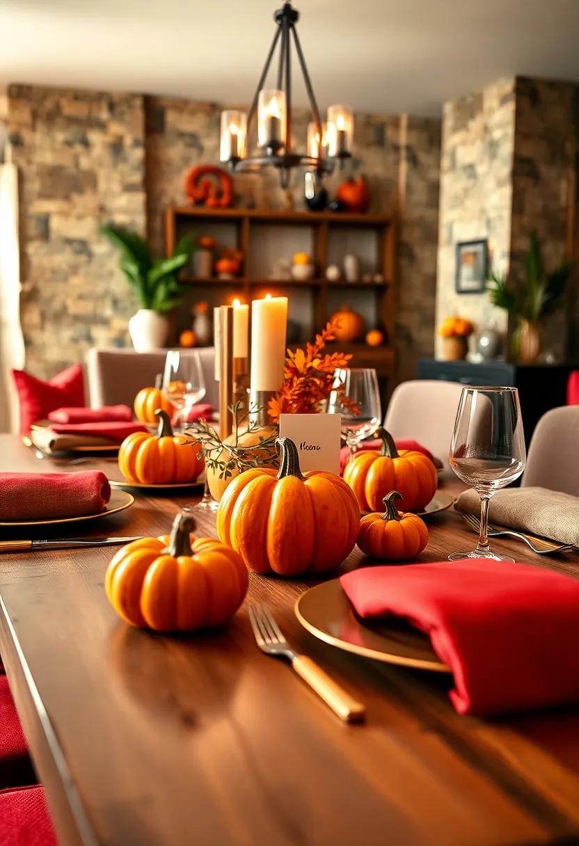 Personalized Pumpkin Menu Cards: Write your Thanksgiving menu on painted mini pumpkins placed at each setting for a personal touch