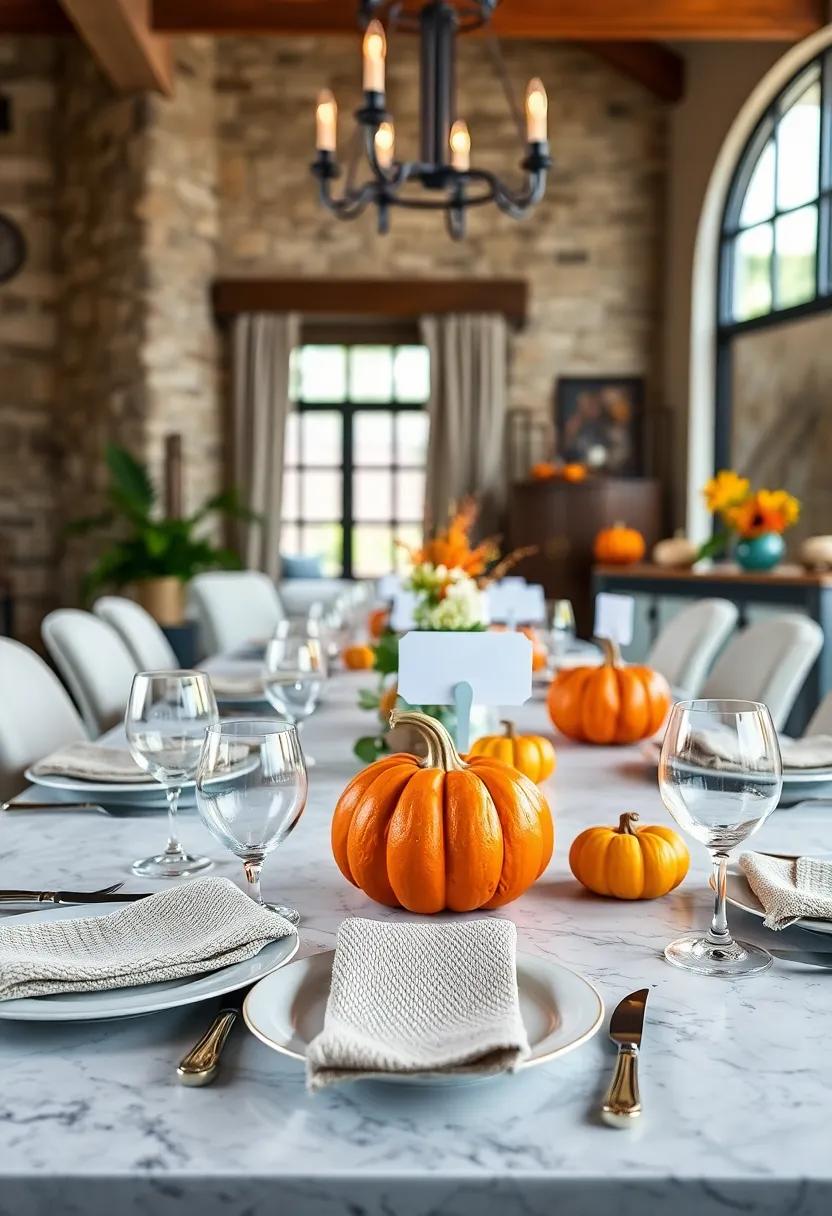 Pumpkin Place Card Holders: Carve small pumpkins to hold name cards, blending functional decor with festive flair