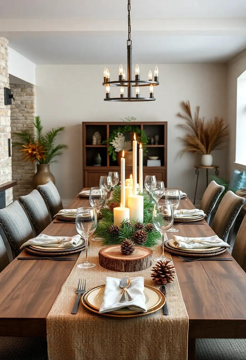 Rustic Charm with Natural Elements: Incorporate wood slices, burlap runners, and pinecones to create a warm, earthy vibe that celebrates the season's bounty