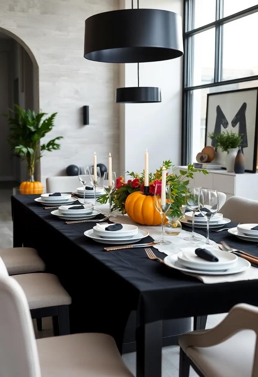Sophisticated Black and White Contrast: Use a sleek black tablecloth paired with white dishes and bold greenery for a chic modern Thanksgiving