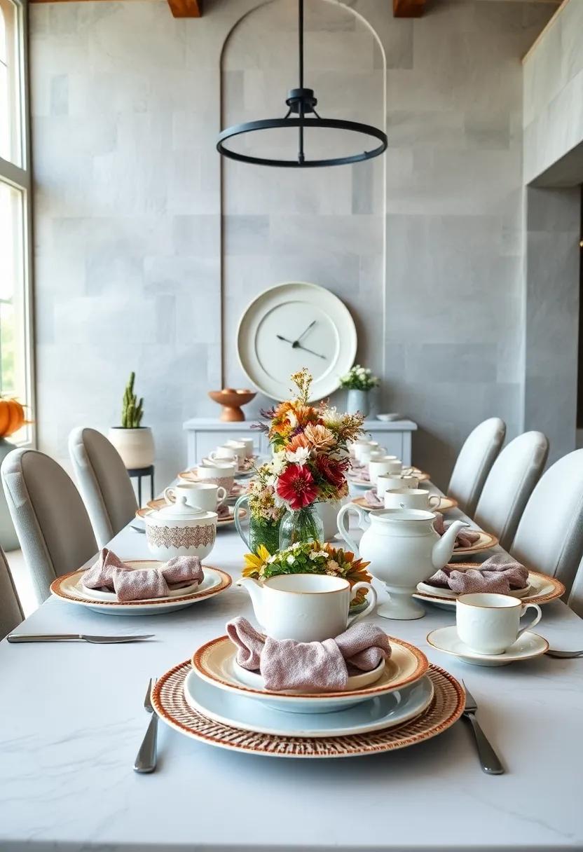 Vintage china Display: Mix and match delicate vintage plates and teacups for a nostalgic and charming Thanksgiving dinner experience