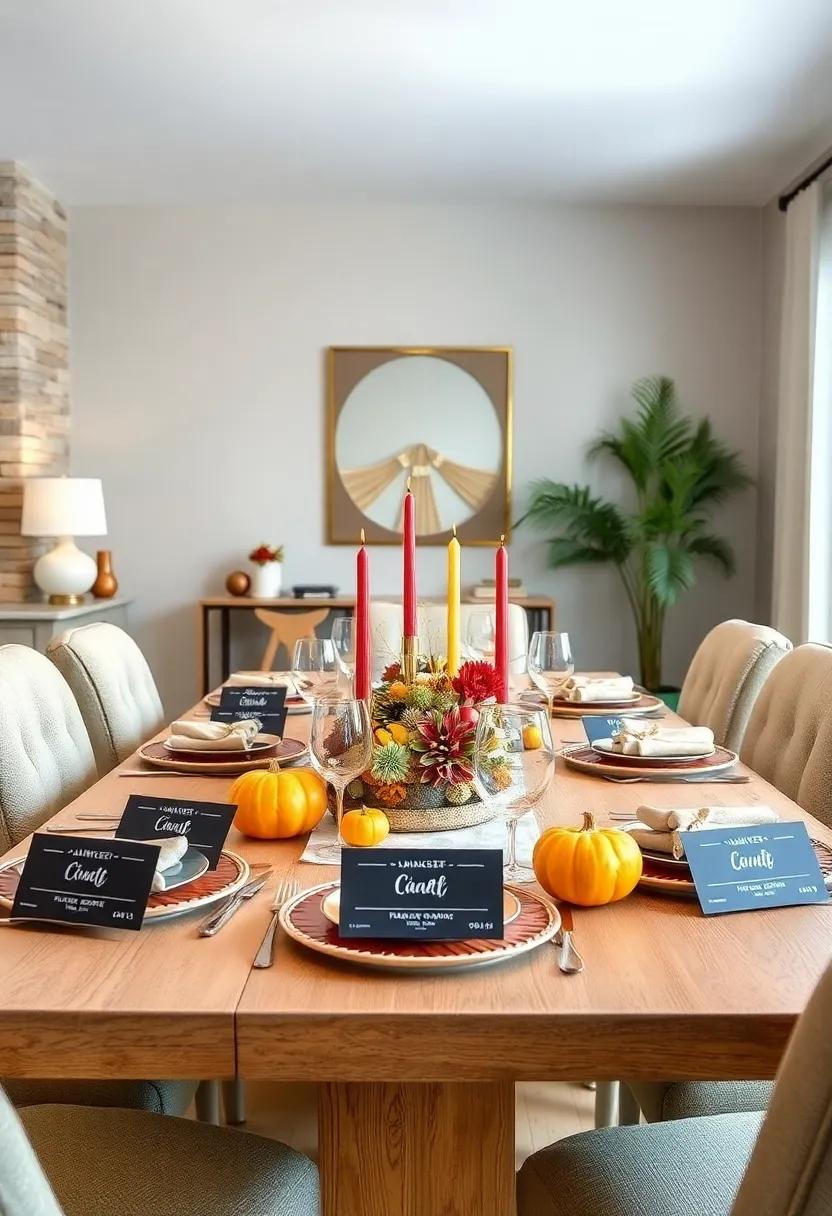 Whimsical Thanksgiving Chalkboard Labels: Use mini chalkboards to label dishes or seating arrangements, adding a playful yet practical element