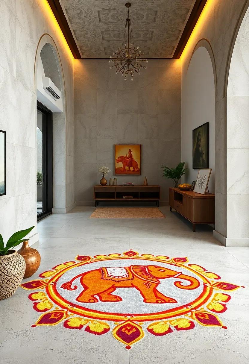 Elephant Motif Rangoli: Majestic elephants adorned ‌with ‍elaborate patterns‍ express strength and good fortune