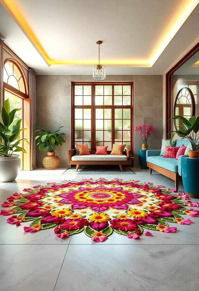 Floral Rangoli: Intricate floral motifs with‌ vibrant‌ petals bring natural beauty and ⁢freshness to your entryway