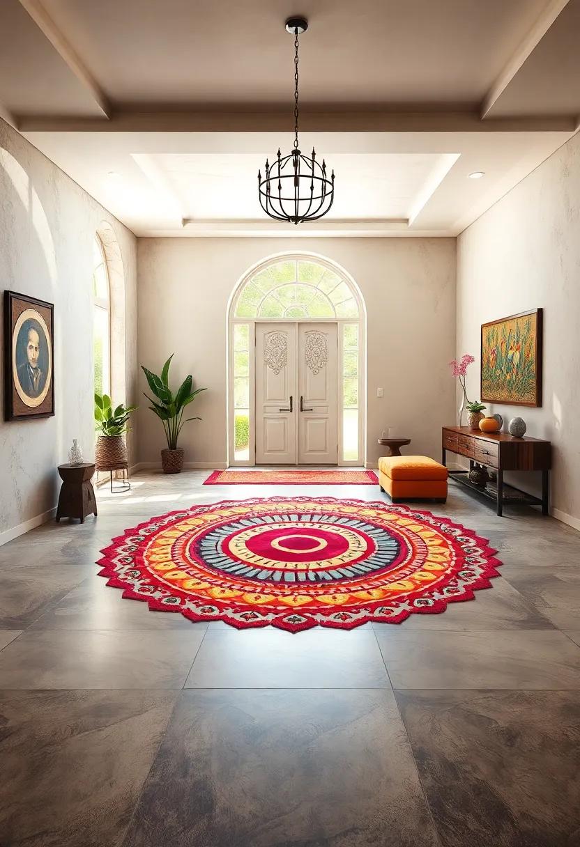 Circular Spiral Rangoli: Dynamic spirals create a sense of movement, drawing⁢ visitors deeper into the space