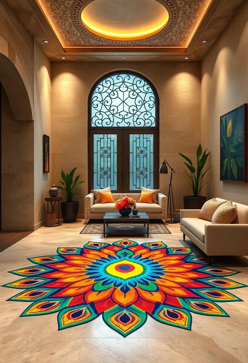 Peacock Inspired rangoli: ‍Emulate the grace of India's ‍national bird with eye-catching peacock feather patterns and ⁤rich color gradients