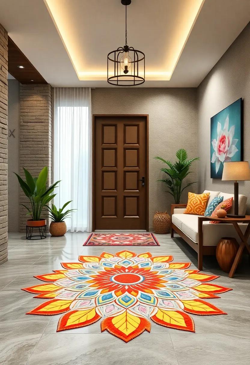 Peacock Feather ⁤Border Rangoli: Delicate feather outlines that add elegance and a natural ‍theme ⁣to the doorstep